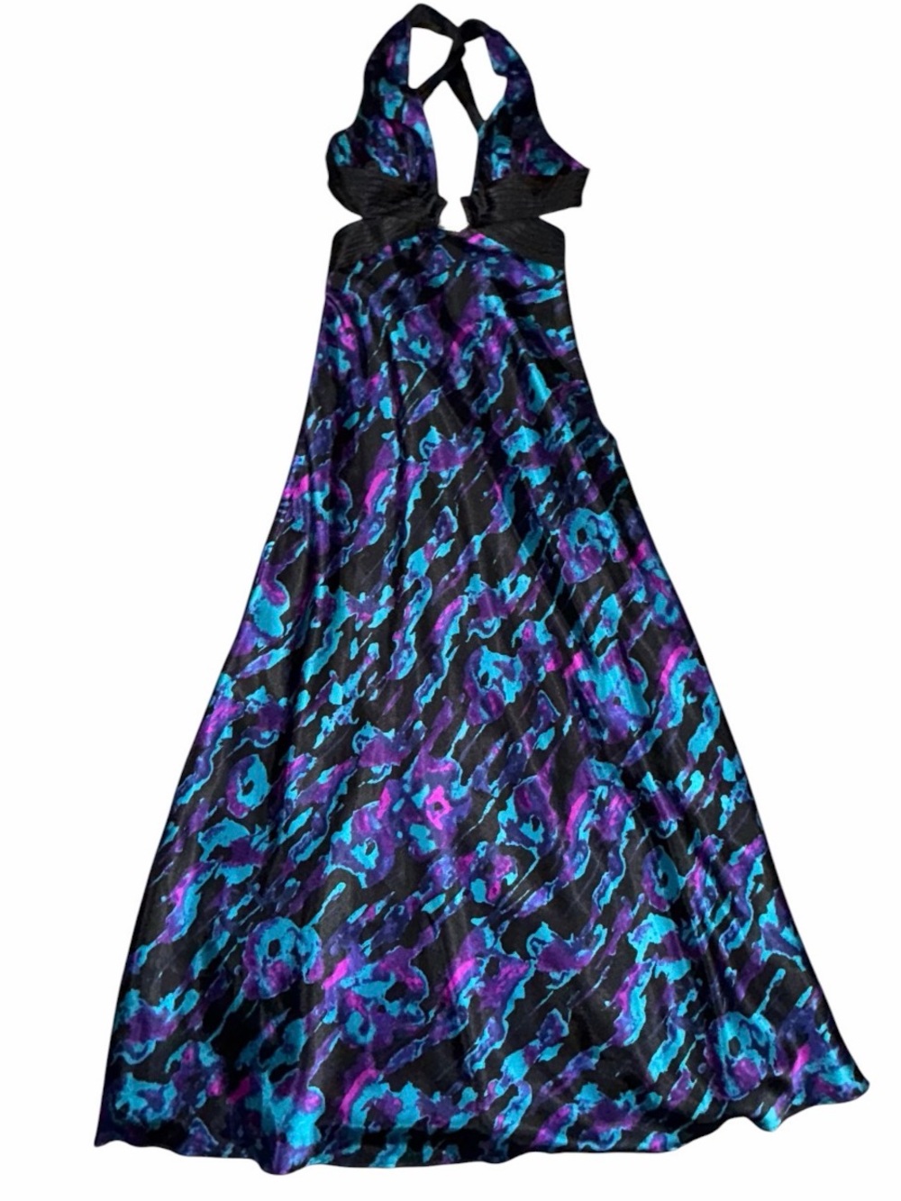 Vintage Y2K Halter Maxi Dress with Blue & Purple Abstract Print